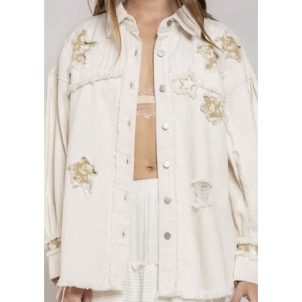 POL Women's Paisley Patchwork Jacket Button Down Cream Denim Size M NEW